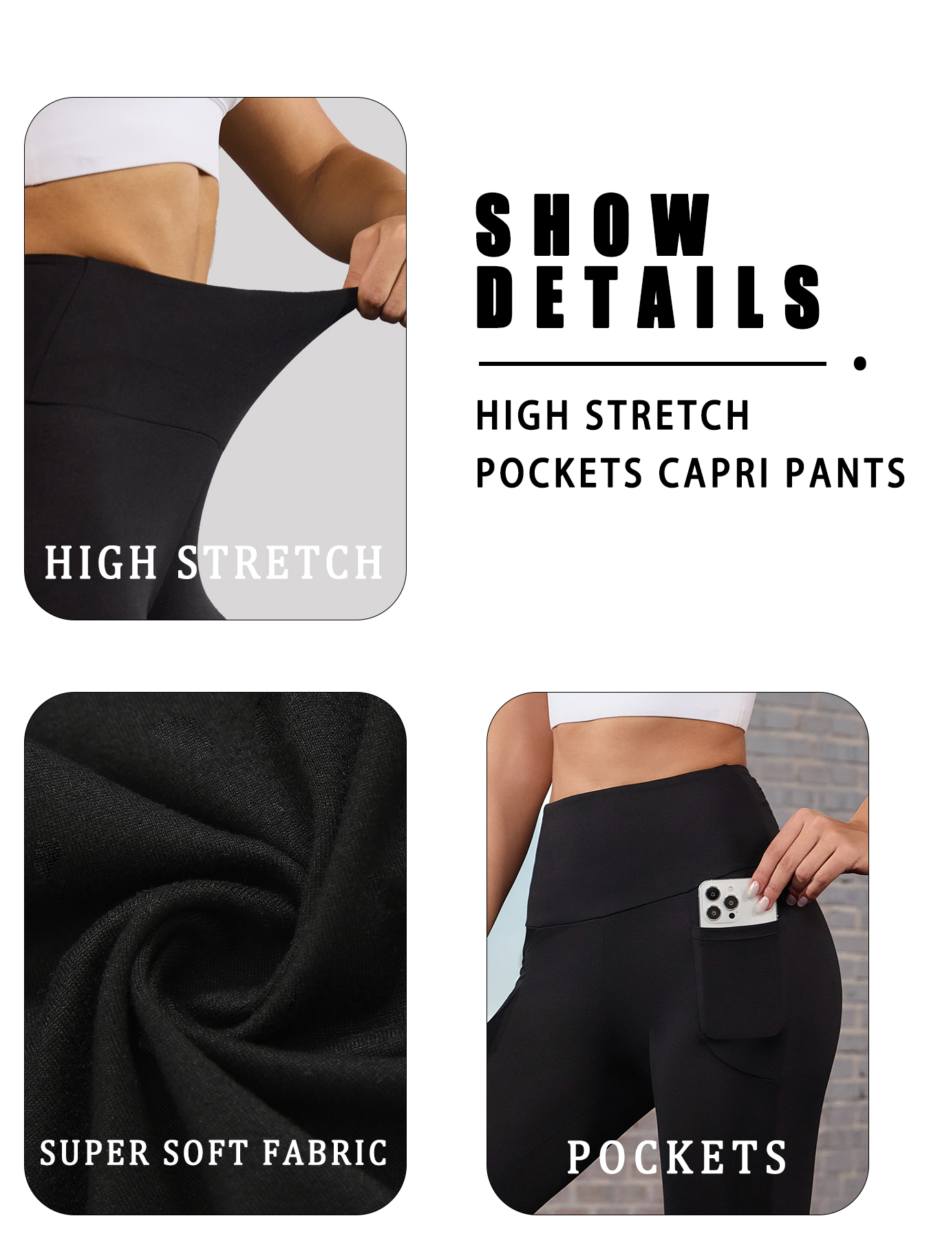 AliExpress High Waisted Capri Pants for Women with Pockets Tummy Control No See Through Workout Running Yoga Athletic Push Up Gym Leggings, view 5
