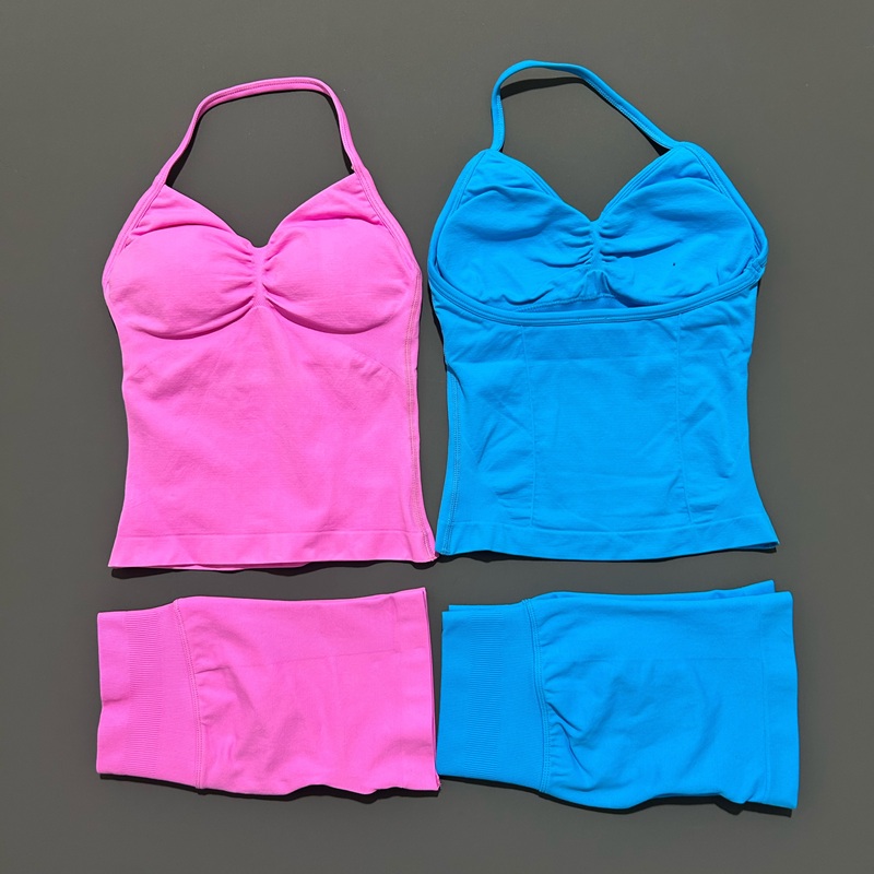AliExpress HISTELLO 2 Pieces Sports Set Women Yoga Longline Strap Top Scrunch Seamless Shorts Sport Gym Set Sportswear Workout Fitness Set, view 2