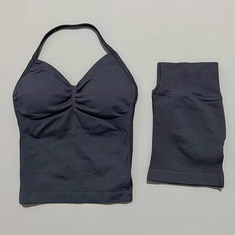 AliExpress HISTELLO 2 Pieces Sports Set Women Yoga Longline Strap Top Scrunch Seamless Shorts Sport Gym Set Sportswear Workout Fitness Set, view 3