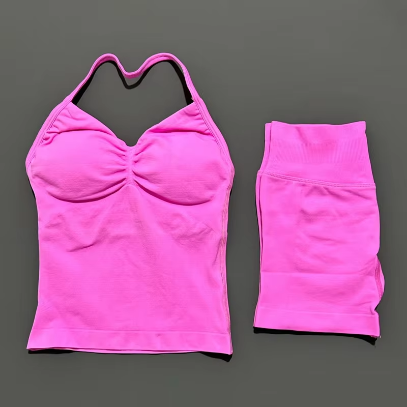 AliExpress HISTELLO 2 Pieces Sports Set Women Yoga Longline Strap Top Scrunch Seamless Shorts Sport Gym Set Sportswear Workout Fitness Set, view 4