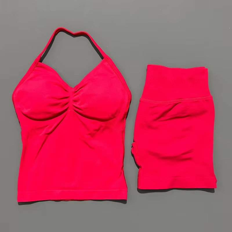 AliExpress HISTELLO 2 Pieces Sports Set Women Yoga Longline Strap Top Scrunch Seamless Shorts Sport Gym Set Sportswear Workout Fitness Set, view 5