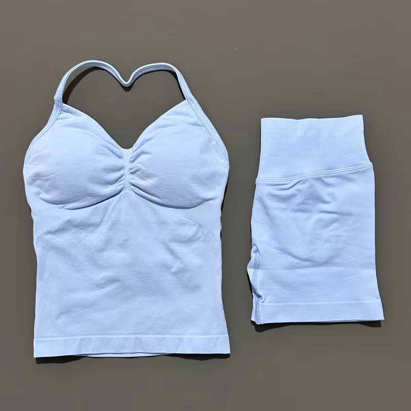 AliExpress HISTELLO 2 Pieces Sports Set Women Yoga Longline Strap Top Scrunch Seamless Shorts Sport Gym Set Sportswear Workout Fitness Set, view 6