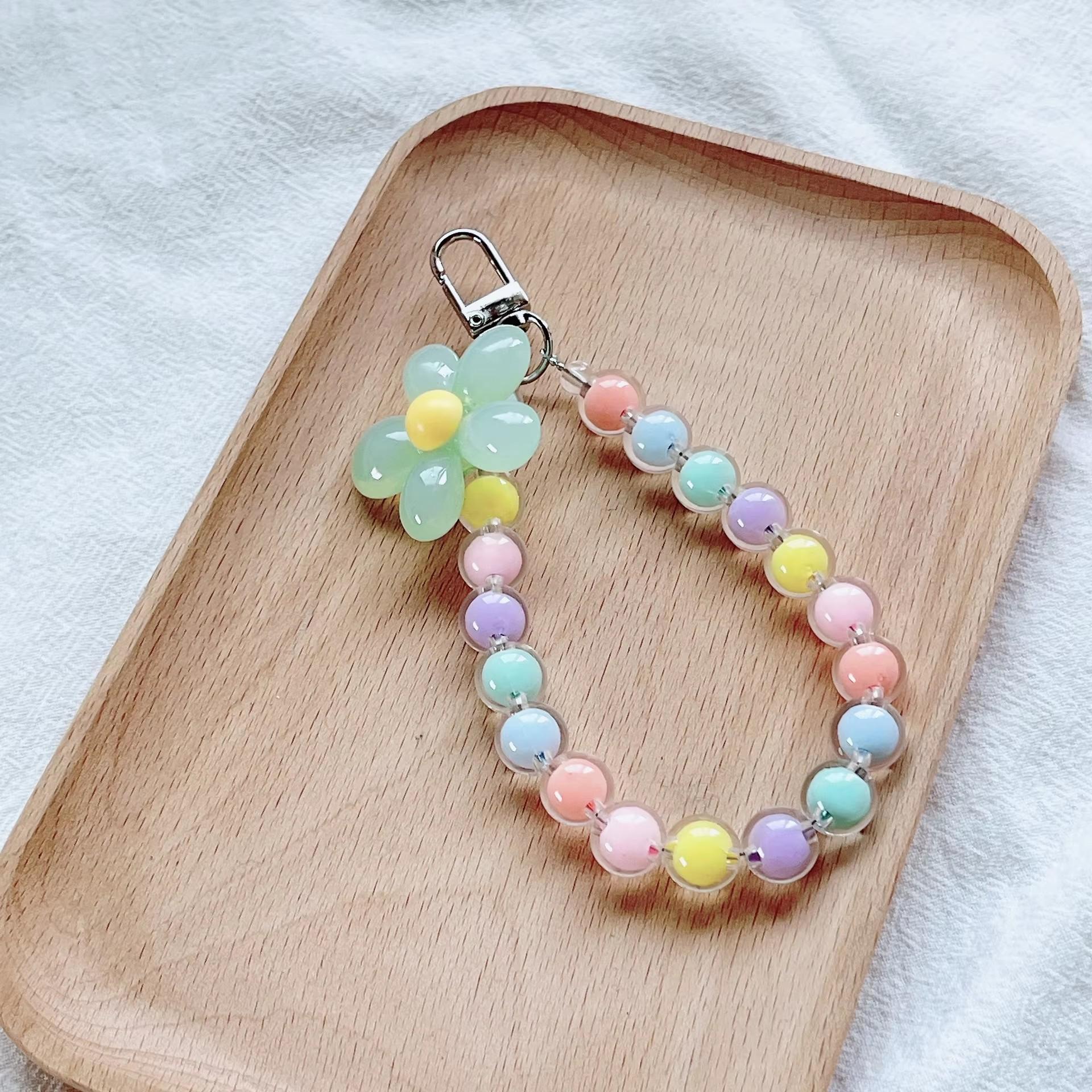 AliExpress Homefish Ins Kawaii Flower Beaded Phone Wrist Lanyard Macaron Round Bead Anti-lost Keychain Short Mobile Phone Pendant