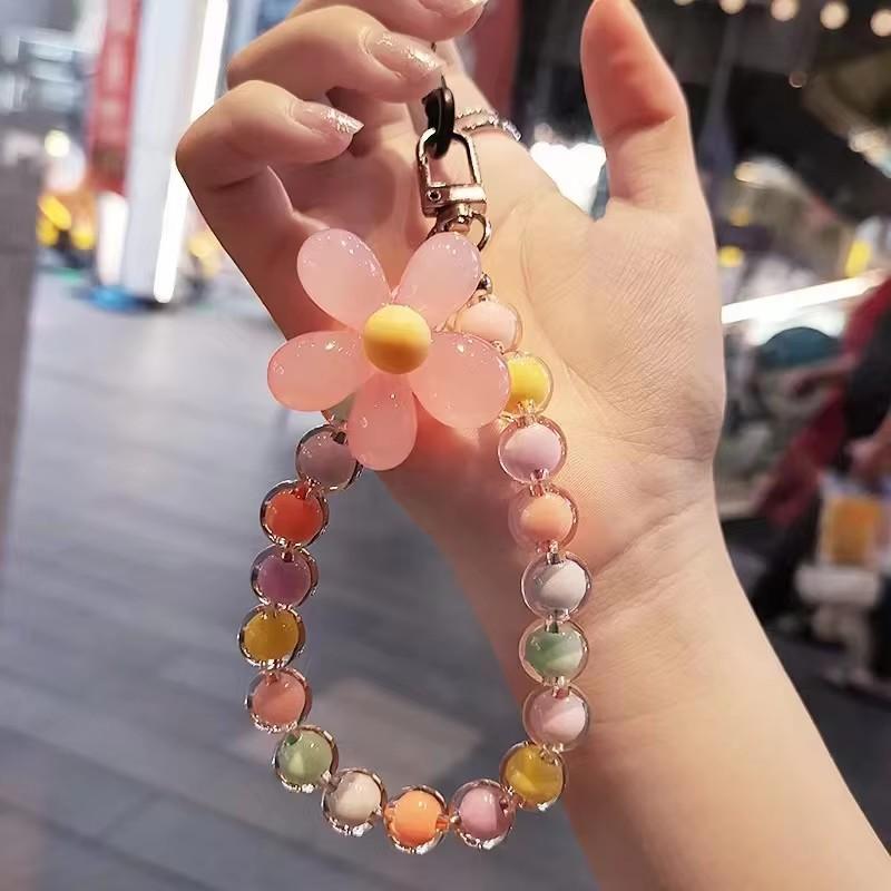 AliExpress Homefish Ins Kawaii Flower Beaded Phone Wrist Lanyard Macaron Round Bead Anti-lost Keychain Short Mobile Phone Pendant, view 2
