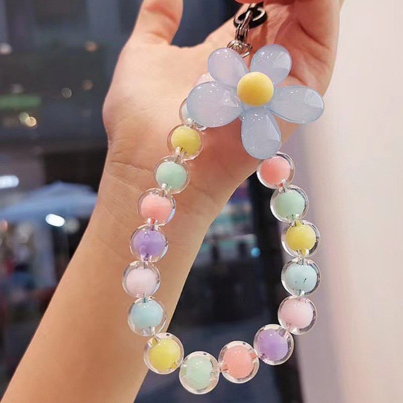 AliExpress Homefish Ins Kawaii Flower Beaded Phone Wrist Lanyard Macaron Round Bead Anti-lost Keychain Short Mobile Phone Pendant, view 3