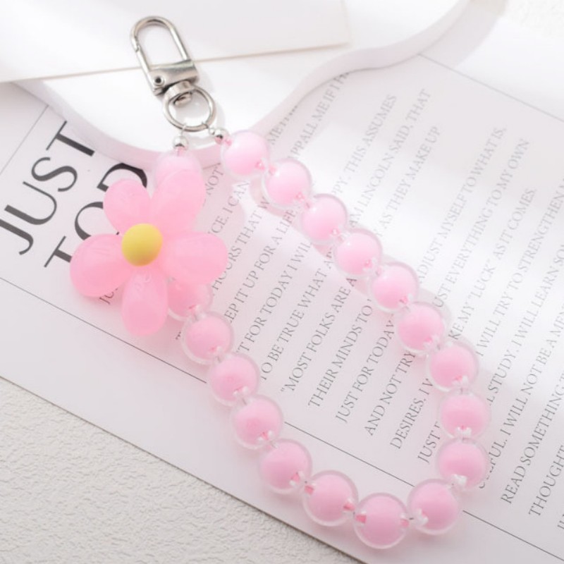 AliExpress Homefish Ins Kawaii Flower Beaded Phone Wrist Lanyard Macaron Round Bead Anti-lost Keychain Short Mobile Phone Pendant, view 4