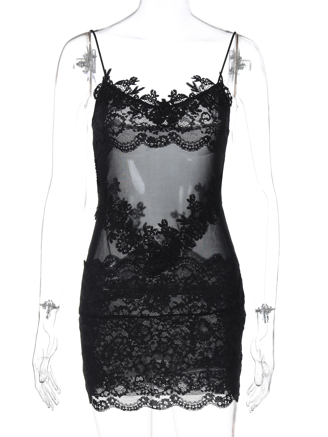 AliExpress Hugcitar Women'S Fashion Lace Solid Slips Patchwork Sexy Slim See Through Mini Dress Summer Vacation Party Night Club Outfit, view 6