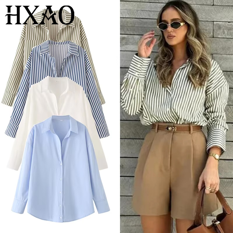 AliExpress HXAO 2025 Woman Blouses Long Stripe Shirts Women Spring Summer Long Sleeve Blue White Shirt Woman Large Tops Button Up Shirts