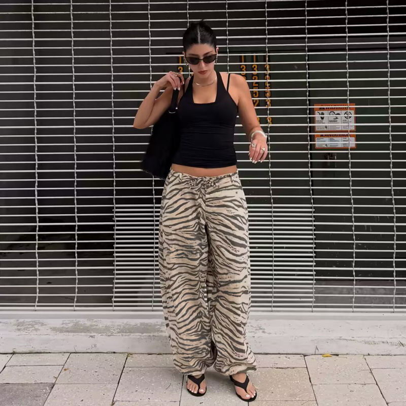 AliExpress HXAO Animal Print Pants For Woman Vintage Baggy Wide Pants Streetwear Lace Up Jogger Trousers Mid Waist Women's Palazzo Pants, view 2