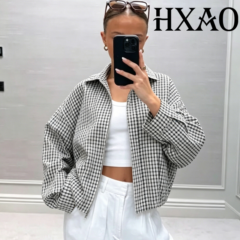 AliExpress HXAO Plaid Women's Bomber Jacket Demi-Season Long Sleeve Crop Jacket Woman Chic Oversized Checked Varsity Jackets Outerwears