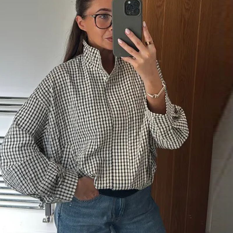 AliExpress HXAO Plaid Women's Bomber Jacket Demi-Season Long Sleeve Crop Jacket Woman Chic Oversized Checked Varsity Jackets Outerwears, view 3