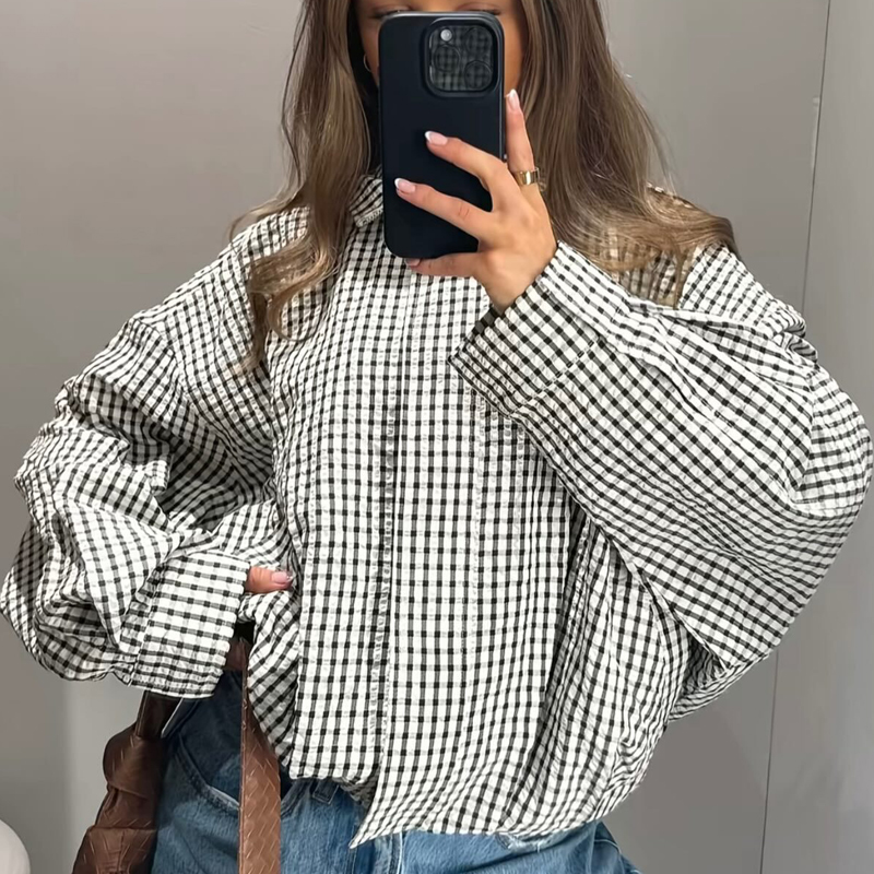 AliExpress HXAO Plaid Women's Bomber Jacket Demi-Season Long Sleeve Crop Jacket Woman Chic Oversized Checked Varsity Jackets Outerwears, view 4
