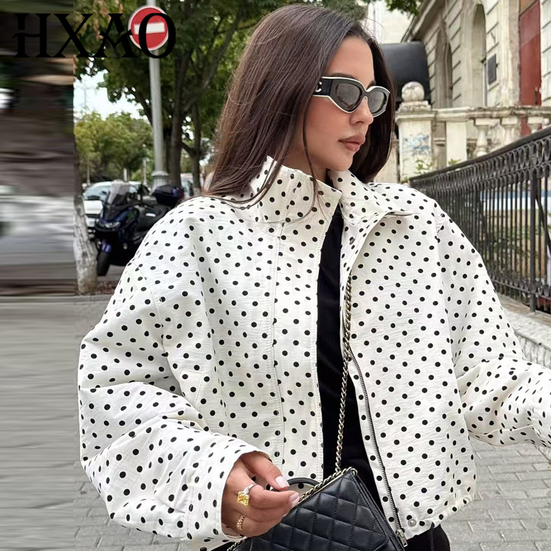 AliExpress HXAO Polka Dot Bomber Jacket Women's Jackets Demi-Season Oversized Long Sleeve Top Outerwear Aviator Plus Size Zip Up Crop Coats