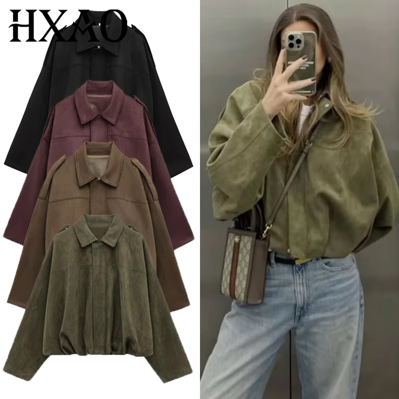 AliExpress HXAO Women's Bomber Jacket Lapel Long Sleeve Zipper Suede Jacket Women 2025 High Street Cropped Racing Jackets Coats Outerwears
