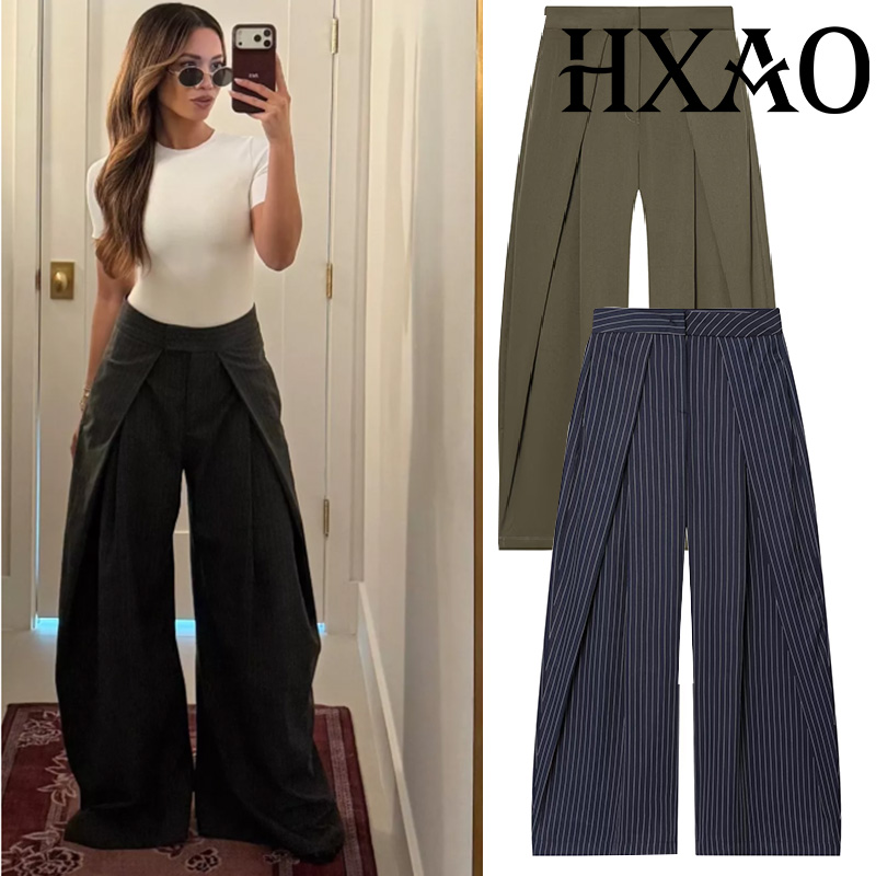 AliExpress HXAO Women's Pants Baggy Wide Pants For Woman Minimalist Pleated Stripe Casual Pants Women Office Green Oversize Suit Trousers