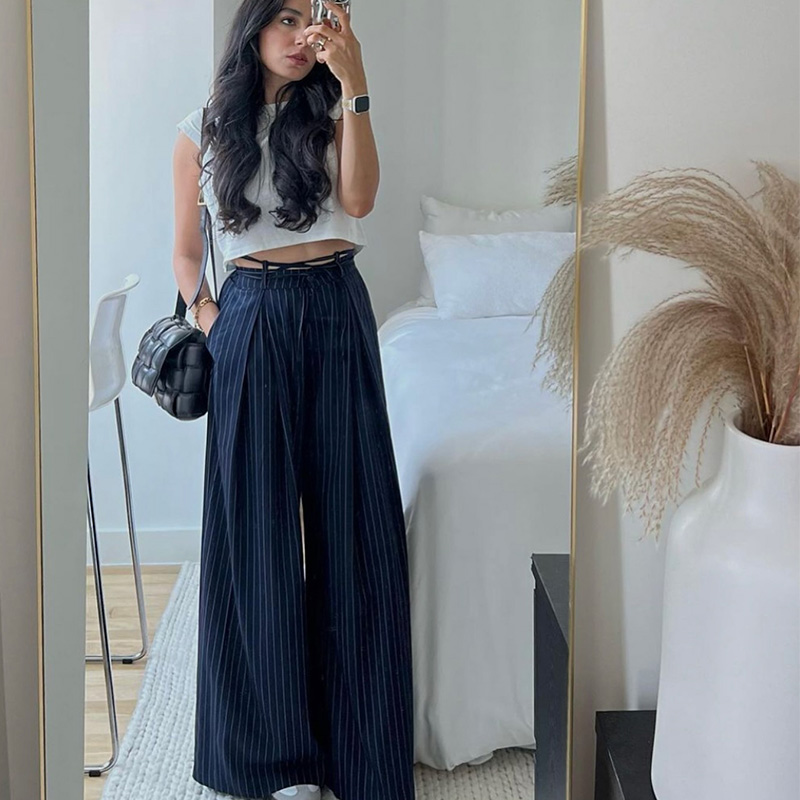 AliExpress HXAO Women's Pants Baggy Wide Pants For Woman Minimalist Pleated Stripe Casual Pants Women Office Green Oversize Suit Trousers, view 3