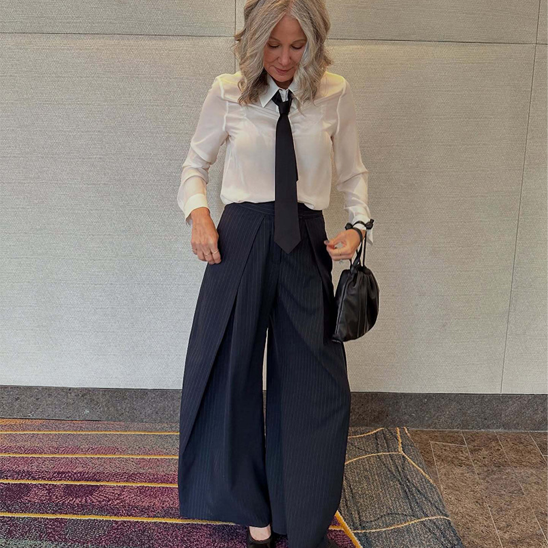 AliExpress HXAO Women's Pants Baggy Wide Pants For Woman Minimalist Pleated Stripe Casual Pants Women Office Green Oversize Suit Trousers, view 4