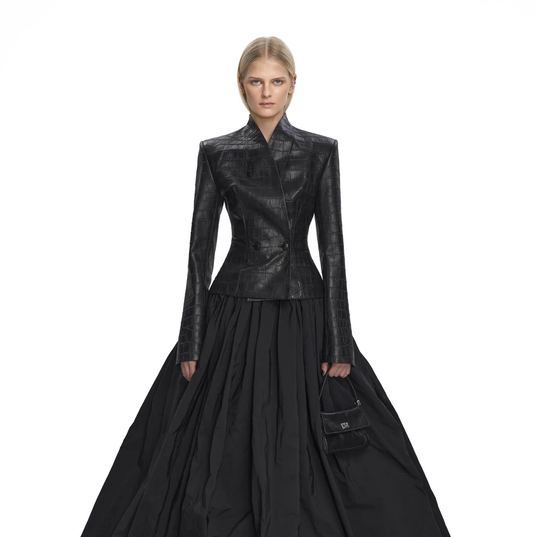 AliExpress IG 2026 New Women's Gothic Faux Leather Embossed Fitted Leather Blazer Structured Shoulder Lace Cuff Casual Black Blazers, view 2
