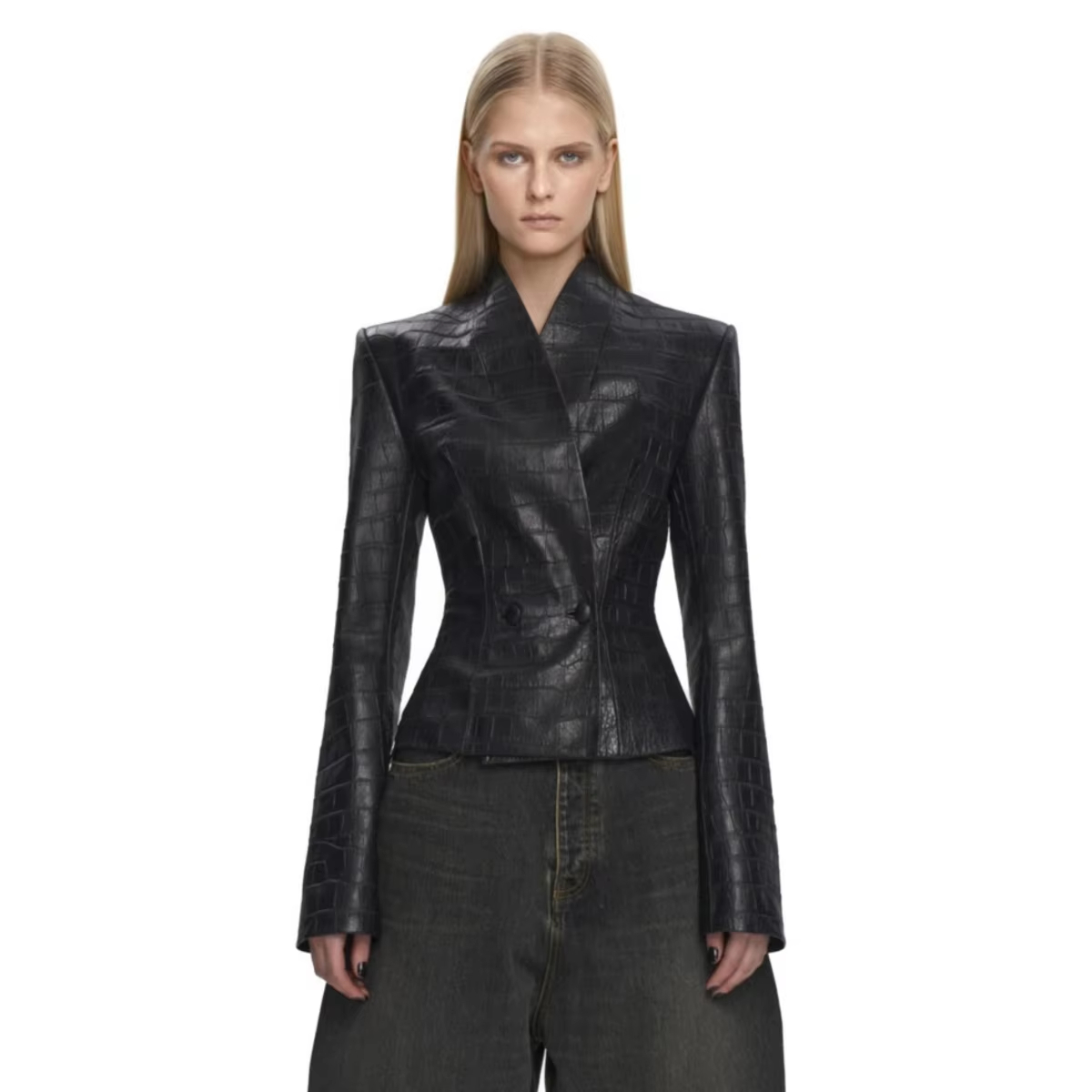 AliExpress IG 2026 New Women's Gothic Faux Leather Embossed Fitted Leather Blazer Structured Shoulder Lace Cuff Casual Black Blazers, view 4