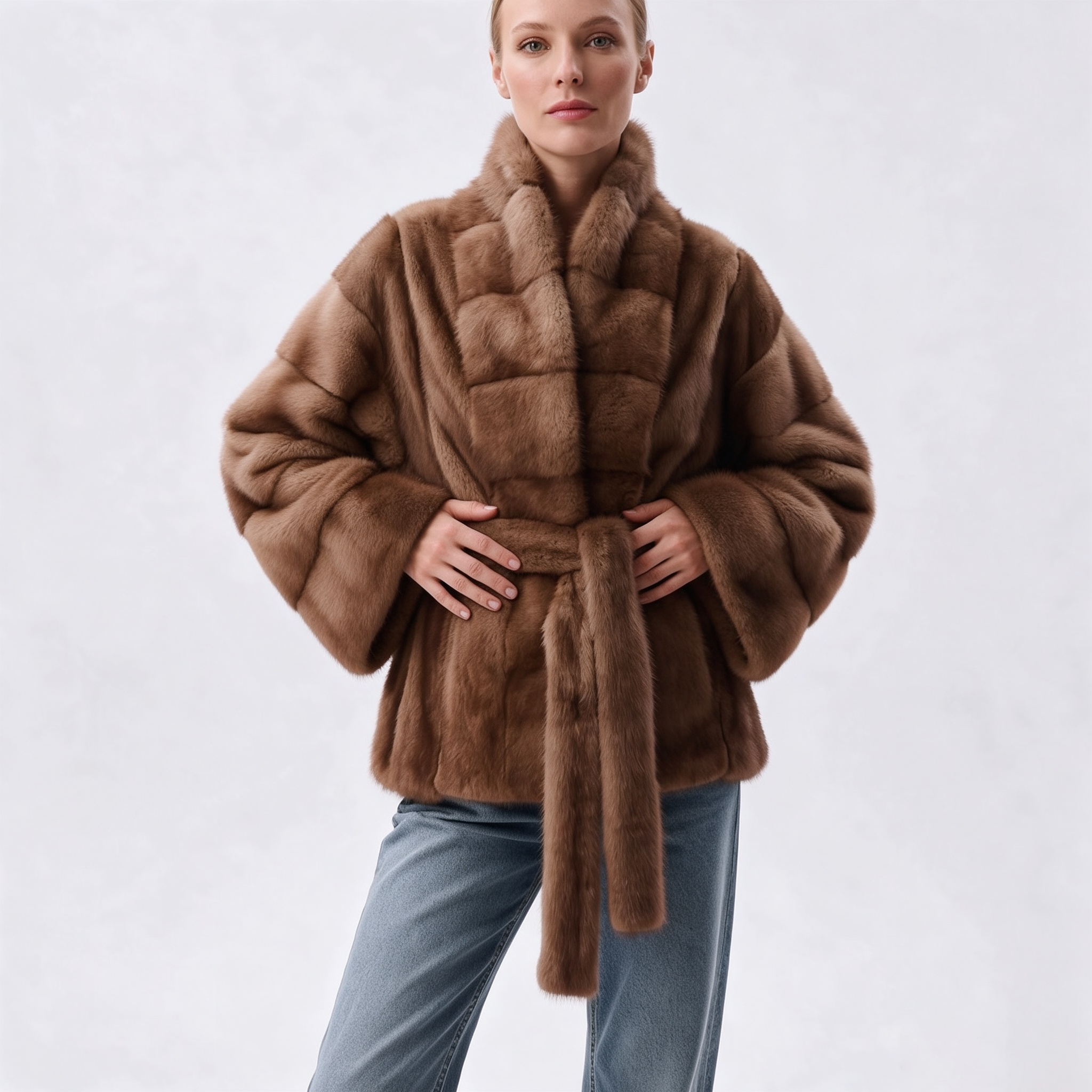 AliExpress IG 2026 Women Stand Collar Belted Waist Faux Mink Fur Jacket Loose Long Sleeve Luxury Elegant Winter Party Daily Outer Coat, view 3