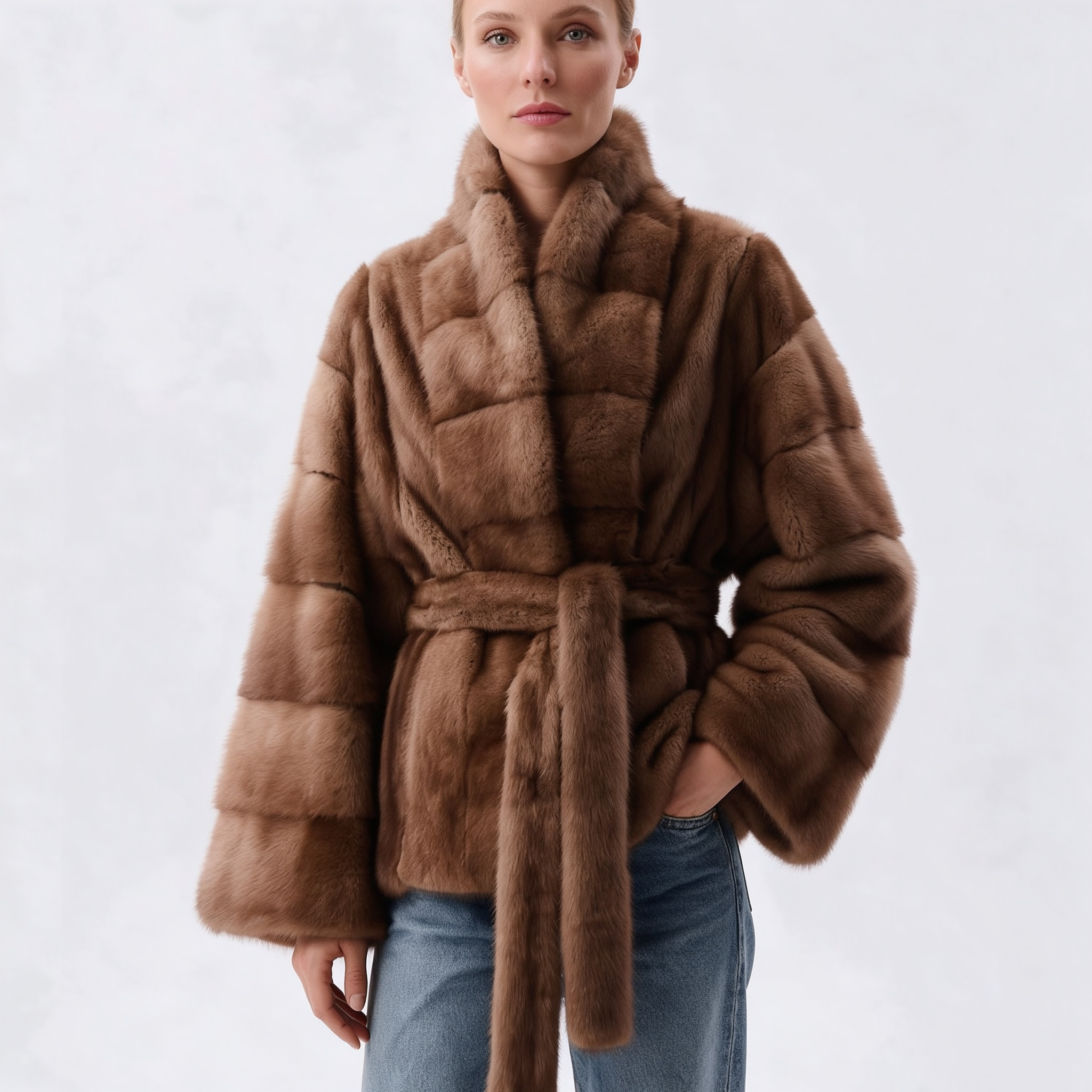 AliExpress IG 2026 Women Stand Collar Belted Waist Faux Mink Fur Jacket Loose Long Sleeve Luxury Elegant Winter Party Daily Outer Coat, view 4