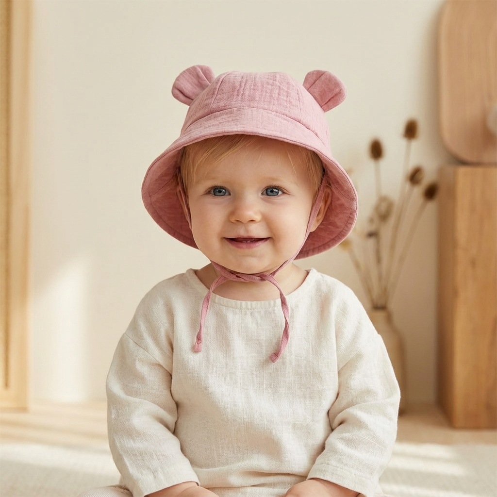 AliExpress INS Summer Baby Solid Color Gauze Basin Hat New Rabbit Ear Fisherman Hat for Kids Sun Hat, view 3