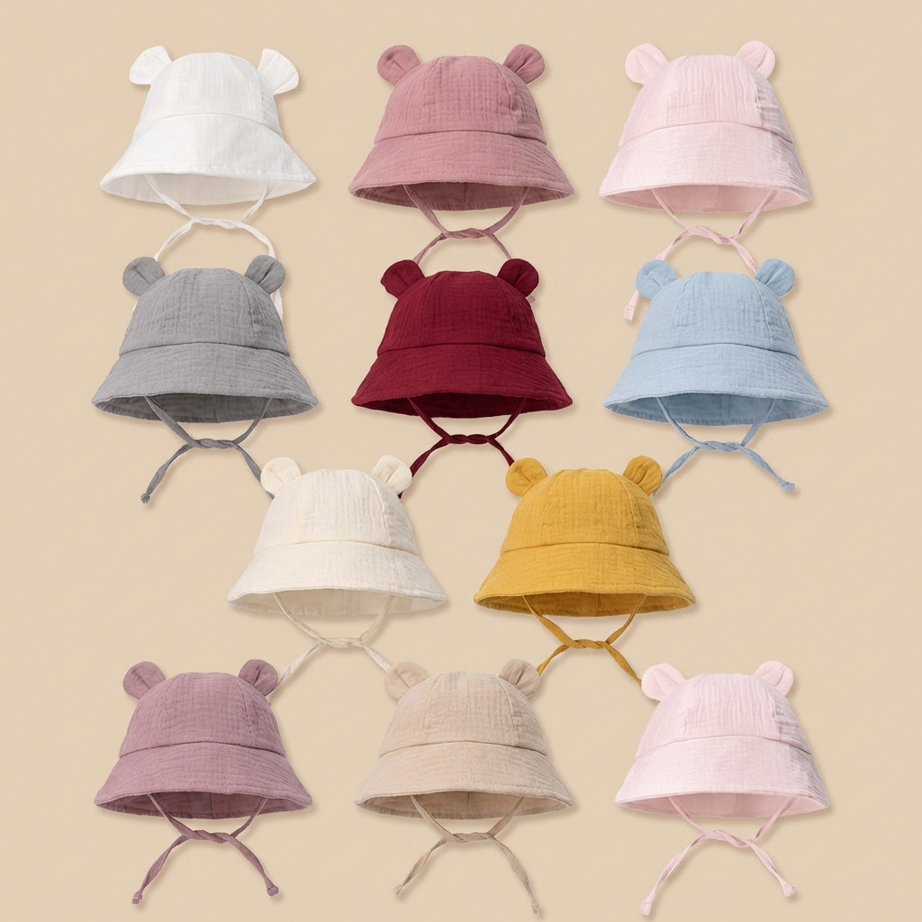 AliExpress INS Summer Baby Solid Color Gauze Basin Hat New Rabbit Ear Fisherman Hat for Kids Sun Hat, view 6