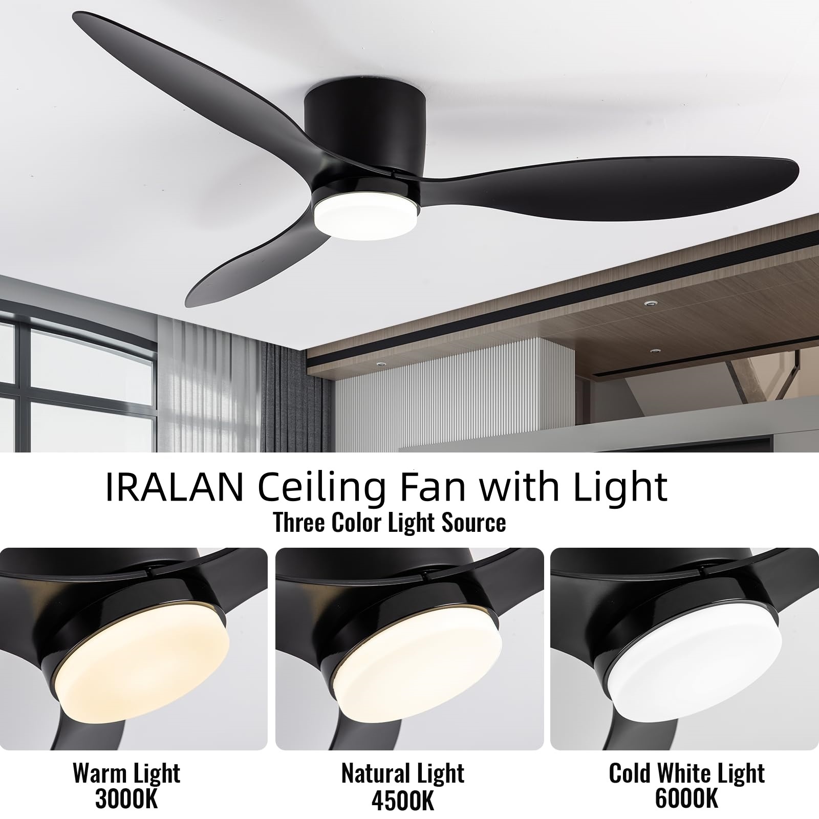 AliExpress IRALAN Ceiling Fan With Light 6-speed choice Reversible DC motor 3CCT with remote control Whisper Easy Install black/White/Wood, view 3