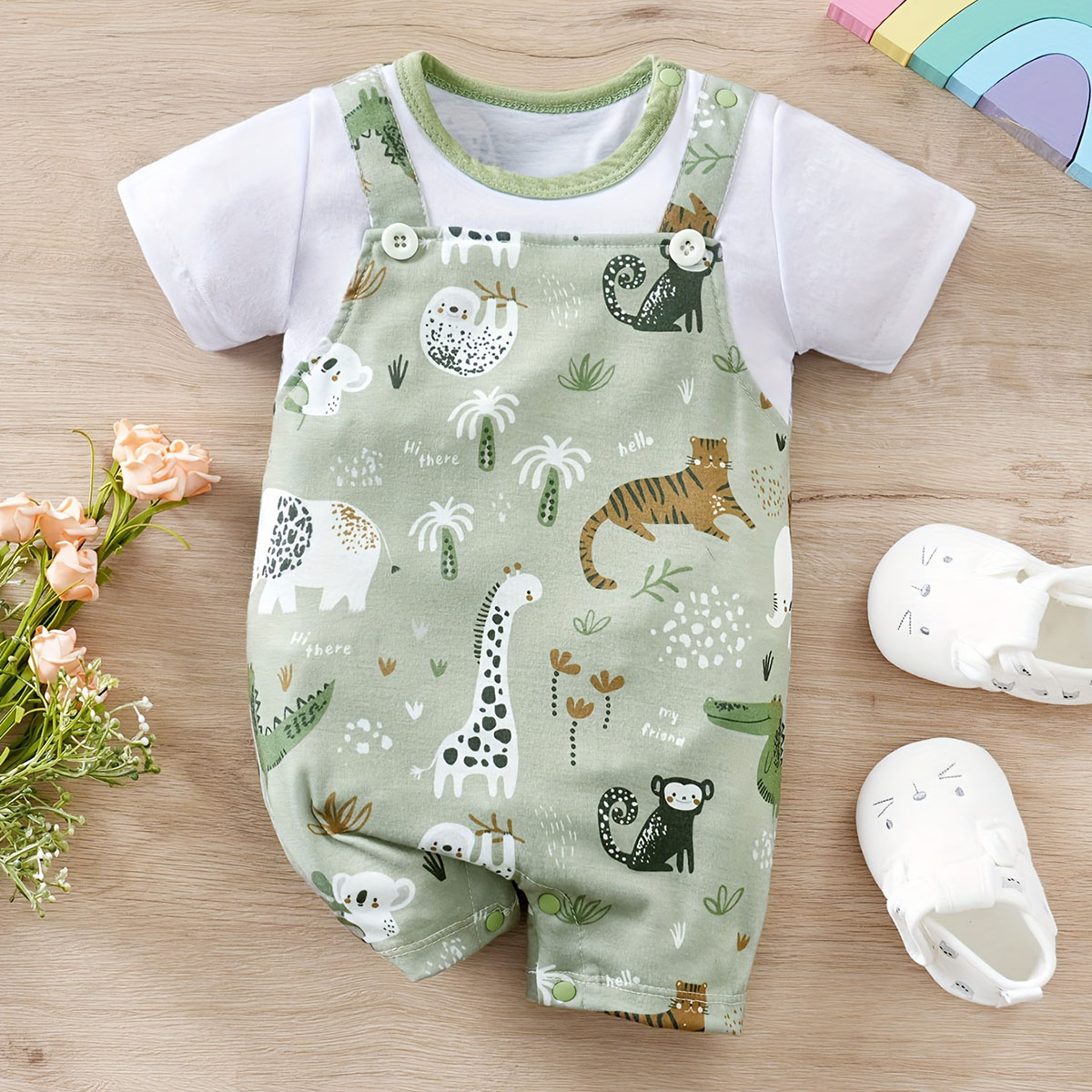 AliExpress IURNXB Adorable Infant Zoo Animal Print Romper for Boy Newborn Baby Faux Two-Piece Bodysuit with Short Sleeves Casual Play Wear