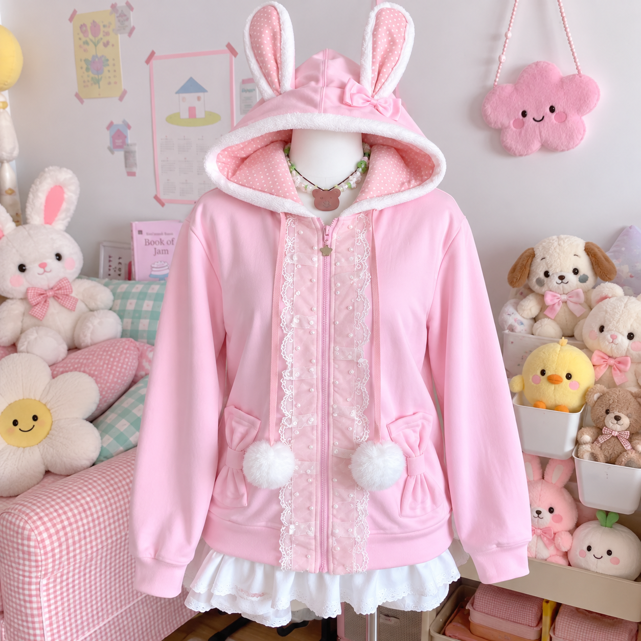 AliExpress Japanese Cute Coat Embroidery Rabbit Ear Hooded Subculture Kawaii Y2k Tops Casual Fashion Sweet Coats Ropa Mujer Women Clothing, view 5