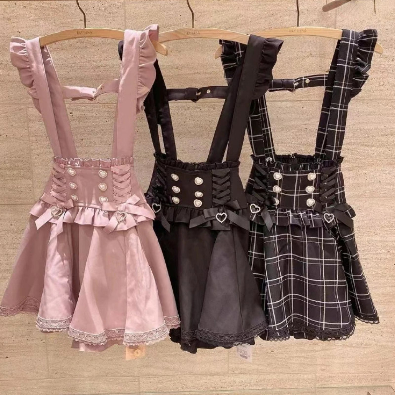 AliExpress Japanese Gothic Lolita Ribbon Short Suspender plaid Skirt Girls Sweet Cute Lace A-Line Mini Skirts summer2026 black solid kawaii