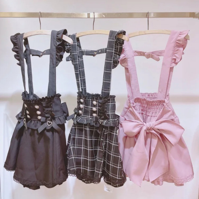AliExpress Japanese Gothic Lolita Ribbon Short Suspender plaid Skirt Girls Sweet Cute Lace A-Line Mini Skirts summer2026 black solid kawaii, view 2