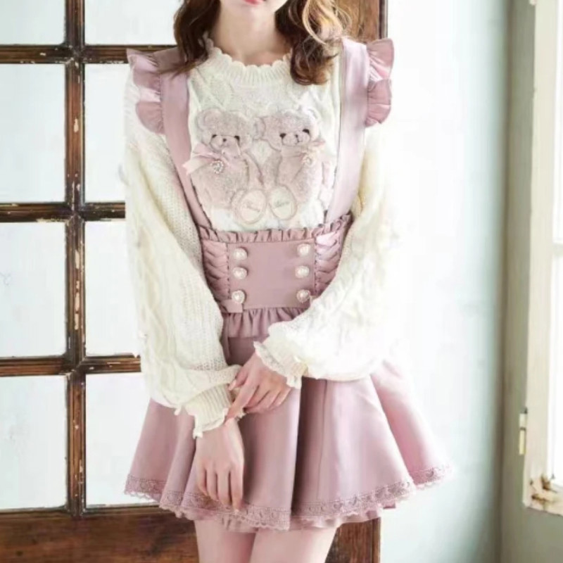 AliExpress Japanese Gothic Lolita Ribbon Short Suspender plaid Skirt Girls Sweet Cute Lace A-Line Mini Skirts summer2026 black solid kawaii, view 3