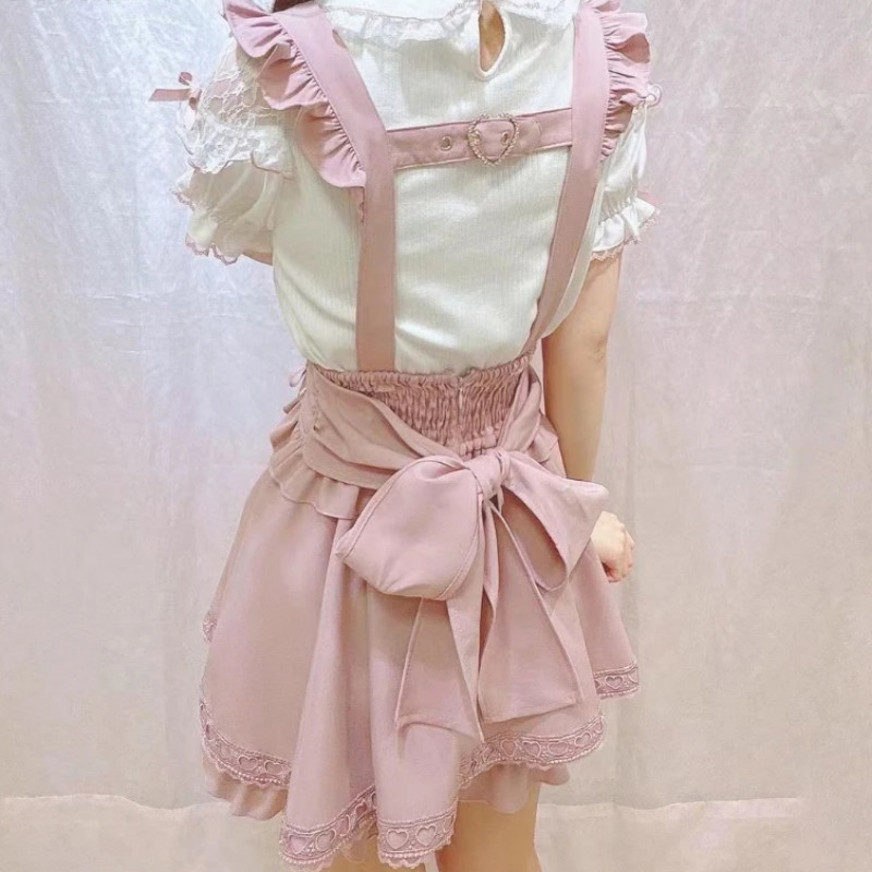 AliExpress Japanese Gothic Lolita Ribbon Short Suspender plaid Skirt Girls Sweet Cute Lace A-Line Mini Skirts summer2026 black solid kawaii, view 4