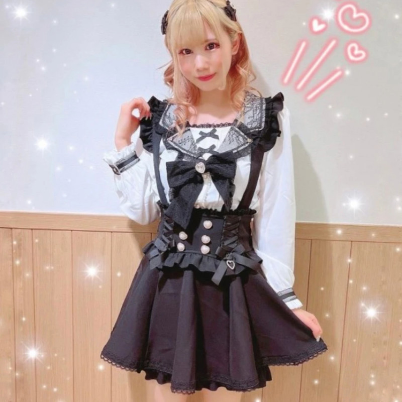 AliExpress Japanese Gothic Lolita Ribbon Short Suspender plaid Skirt Girls Sweet Cute Lace A-Line Mini Skirts summer2026 black solid kawaii, view 5