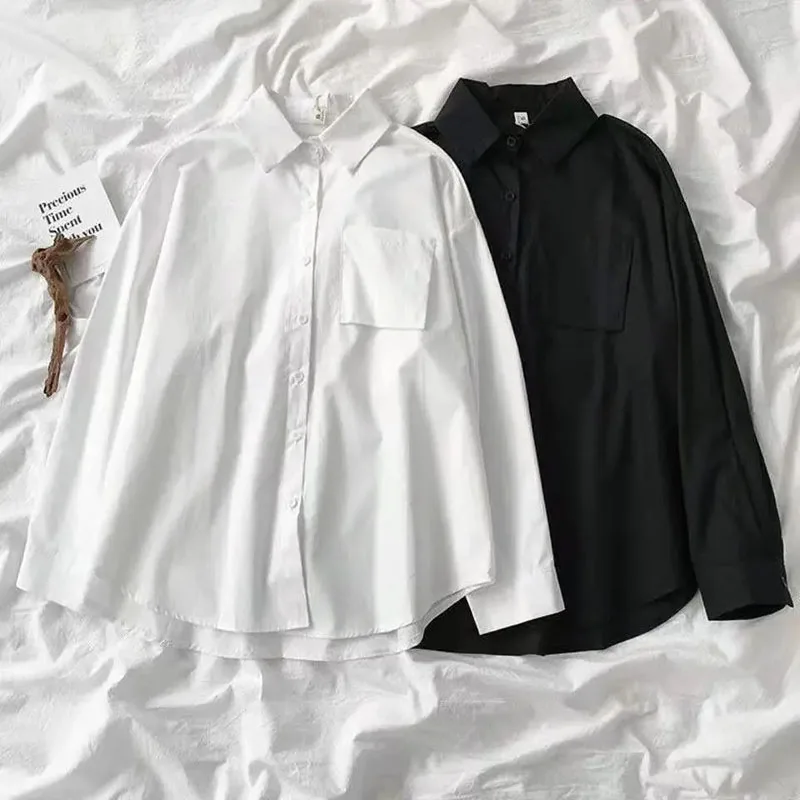 AliExpress Japanese Style Loose Long Sleeve White Shirts Women Preppy Style Pocket Turn Down Collar Shirt Woman Harajuku Oversized Blouse