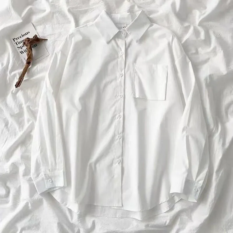 AliExpress Japanese Style Loose Long Sleeve White Shirts Women Preppy Style Pocket Turn Down Collar Shirt Woman Harajuku Oversized Blouse, view 2