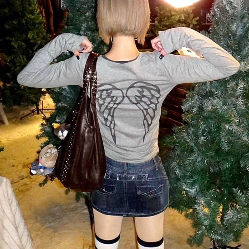 AliExpress Karrram Japanese Y2k Beard Print T-shirt Vintage Harajuku Long Sleeve Gray T-shirt Korean 2000s Style Streetwear American Retro, view 6