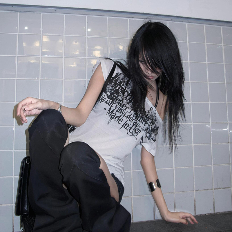 AliExpress Karrram Japanese Y2k Letter Print T-shirt Trashy 2000s Style Tattoo T Shirt Vintage Harajuku Short Sleeve Sheer Tops Grunge Goth, view 5
