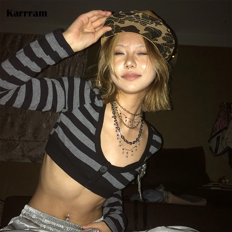 AliExpress Karrram Trashy Y2k Crop Top Japanese 2000s Style Striped Long Sleeved T-shirt Vintage Harajuku High Street Tops American Retro