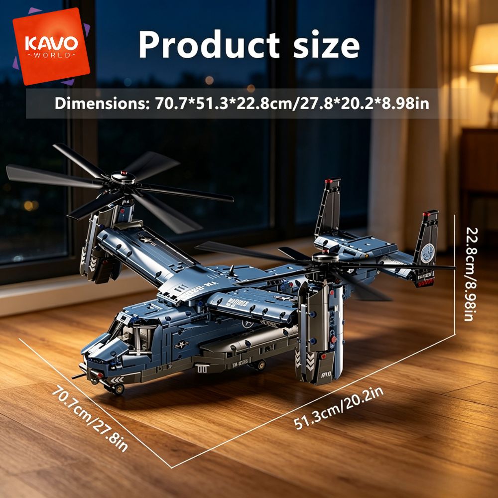 AliExpress KAVOWORLD 1486PCS V-22 Osprey Tiltrotor Aircraft Building Blocks Set Simulation Military Helicopter Model Kit Collectible Airplane Bricks Construction Set, 360° Rotating Propellers Sliding Cockpit Movable Landing Gear Military Fans Christmas Birthday Gift, view 2