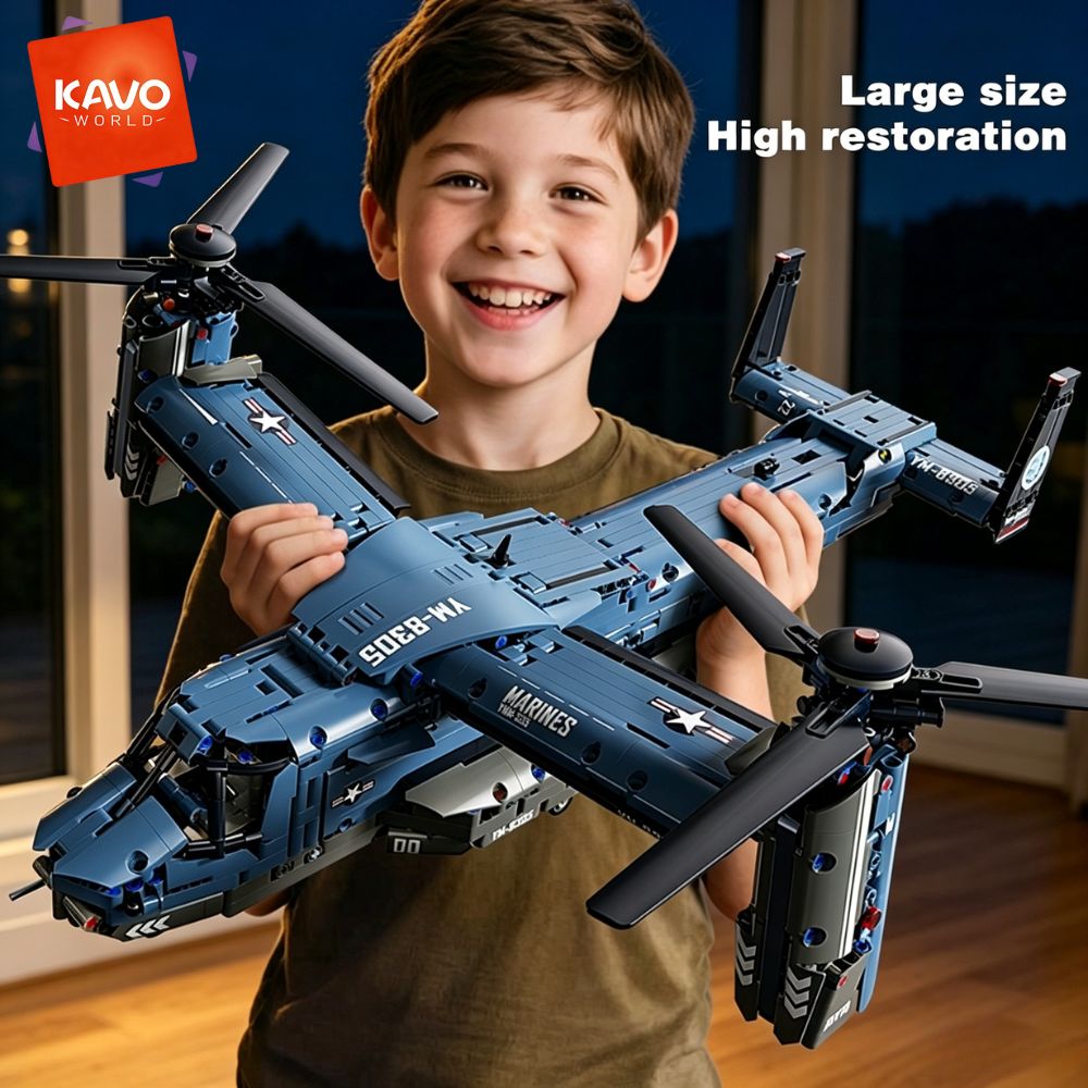 AliExpress KAVOWORLD 1486PCS V-22 Osprey Tiltrotor Aircraft Building Blocks Set Simulation Military Helicopter Model Kit Collectible Airplane Bricks Construction Set, 360° Rotating Propellers Sliding Cockpit Movable Landing Gear Military Fans Christmas Birthday Gift, view 4