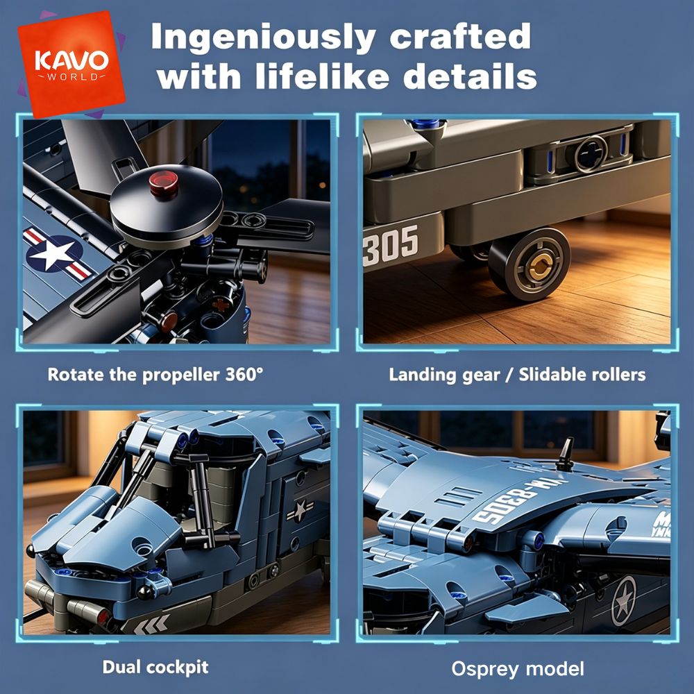 AliExpress KAVOWORLD 1486PCS V-22 Osprey Tiltrotor Aircraft Building Blocks Set Simulation Military Helicopter Model Kit Collectible Airplane Bricks Construction Set, 360° Rotating Propellers Sliding Cockpit Movable Landing Gear Military Fans Christmas Birthday Gift, view 6