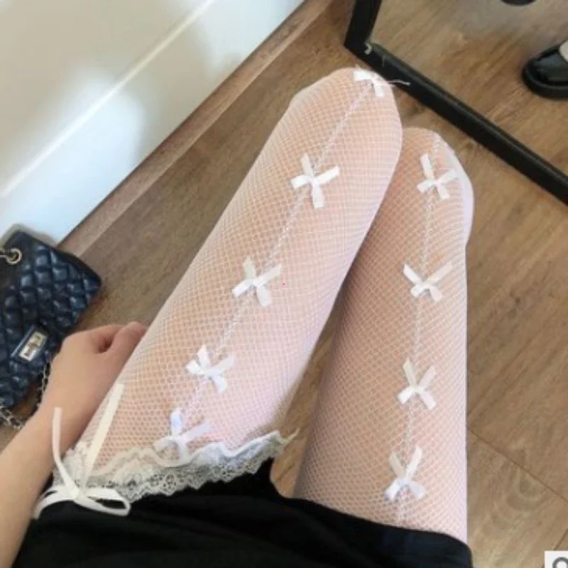 AliExpress Kawaii Gothic Hollow Out Pantyhose Lolita Bow Knot Fishnet Stockings Women Spicy Girl Black White Sexy Thin Ins Tide Lace Tights