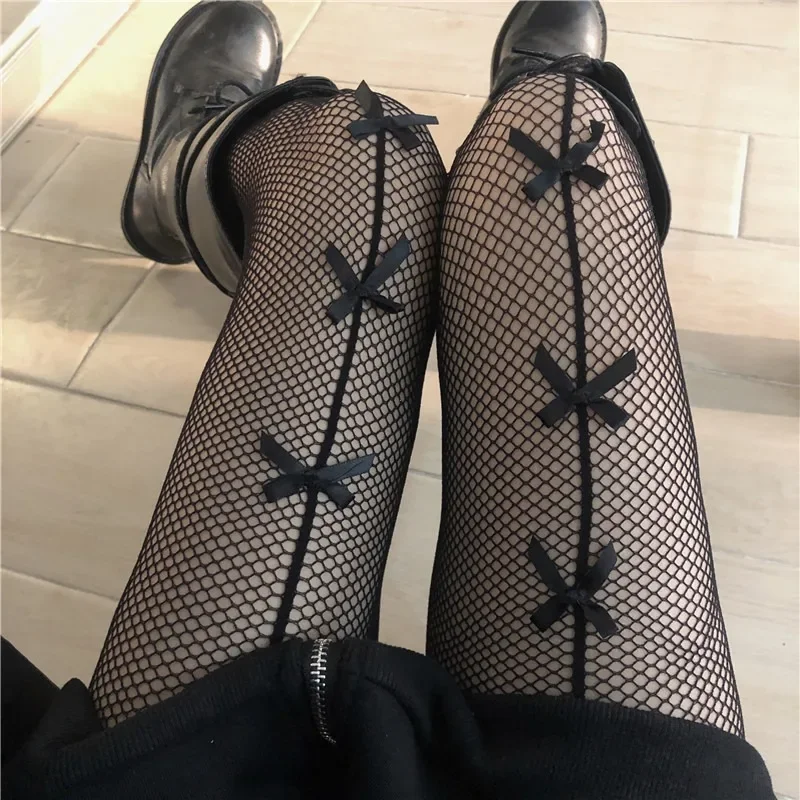 AliExpress Kawaii Gothic Hollow Out Pantyhose Lolita Bow Knot Fishnet Stockings Women Spicy Girl Black White Sexy Thin Ins Tide Lace Tights, view 2