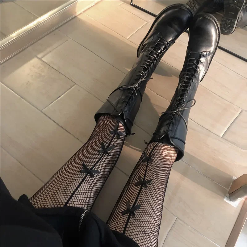 AliExpress Kawaii Gothic Hollow Out Pantyhose Lolita Bow Knot Fishnet Stockings Women Spicy Girl Black White Sexy Thin Ins Tide Lace Tights, view 5
