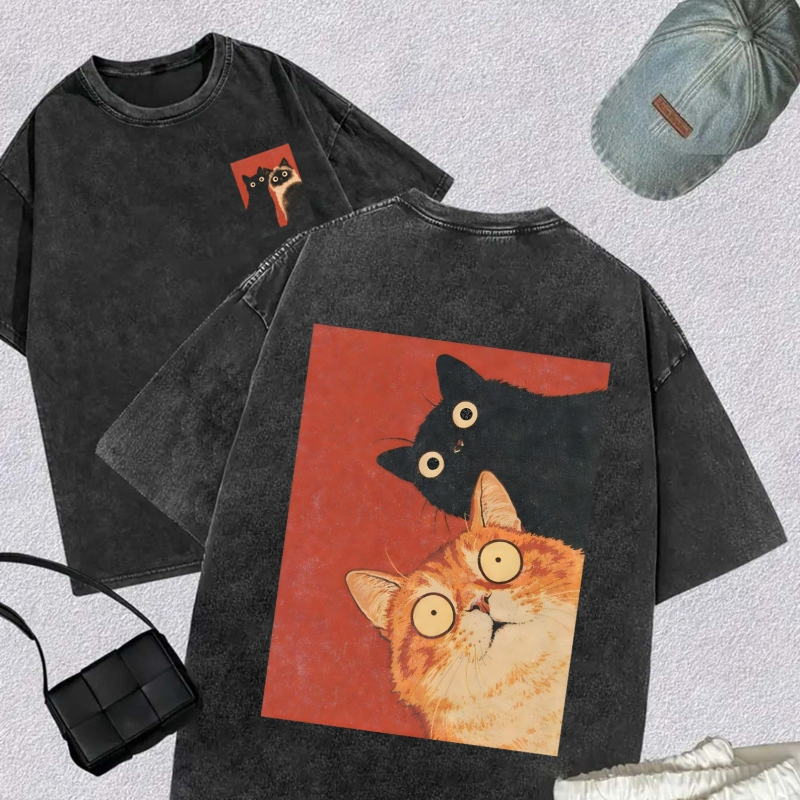AliExpress Kawaii Vintage Washed Black Cat Print T-Shirt Korean Style Casual Streetwear Oversized Cotton Tee for Women and Man
