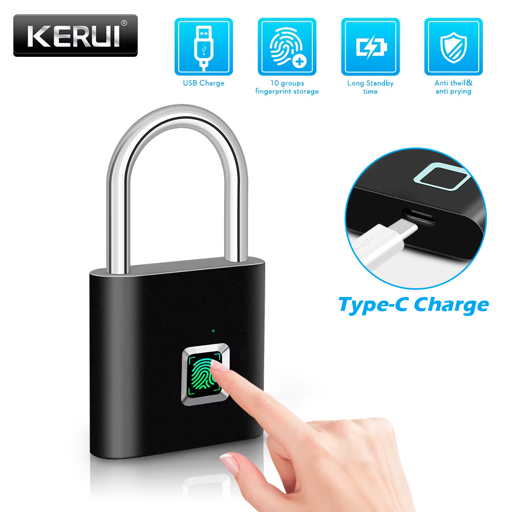 AliExpress KERUI Smart Fingerprint Padlock Waterproof Fingerprint Keyless Door Lock Type C Rechargeable Security Padlock for House