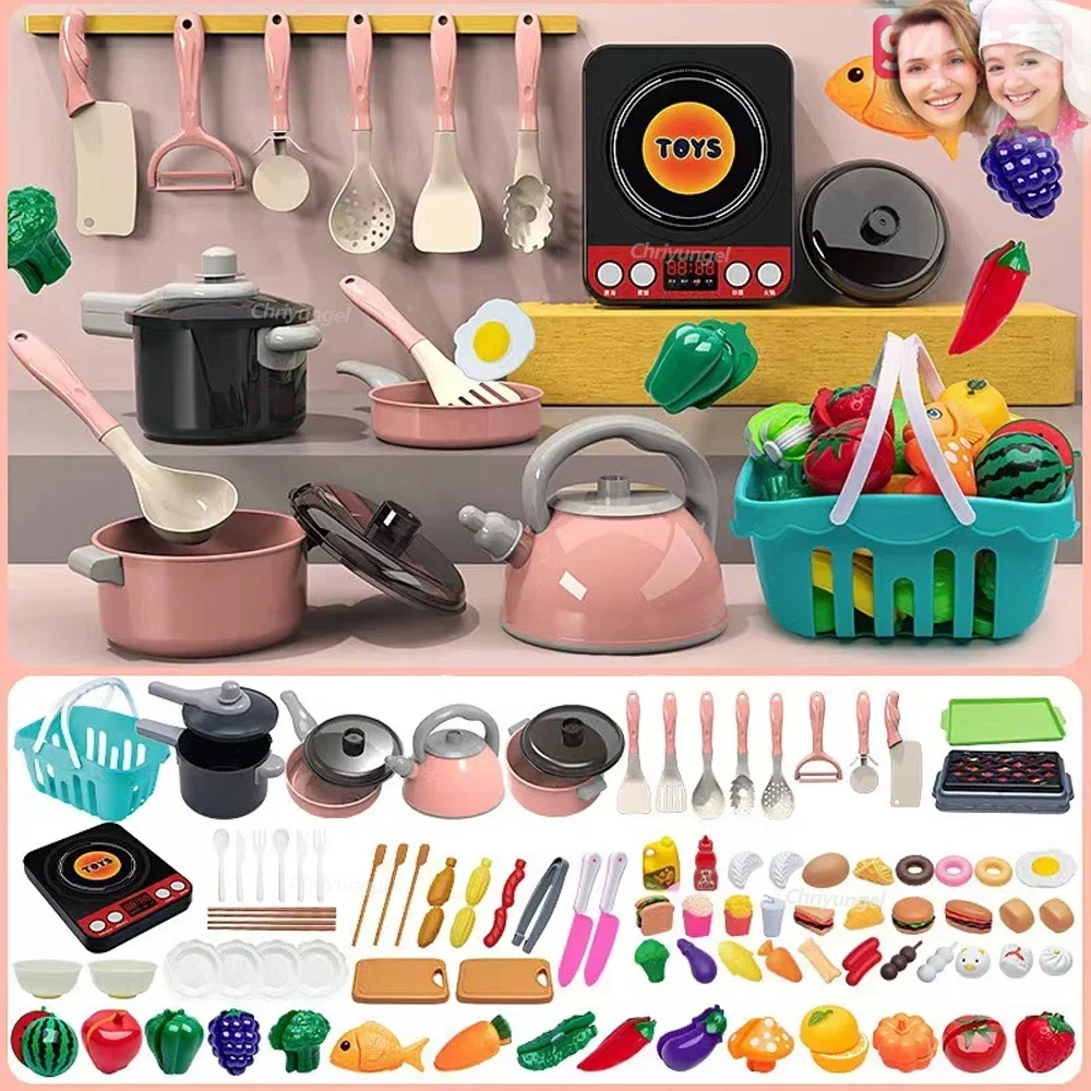 AliExpress Kids Kitchen Toys Set 92/86/69/59PCS Play Kitchen Accessories Kit with Play Pots Pretend Food Cooking Toy Toddler Girls Boy Gift