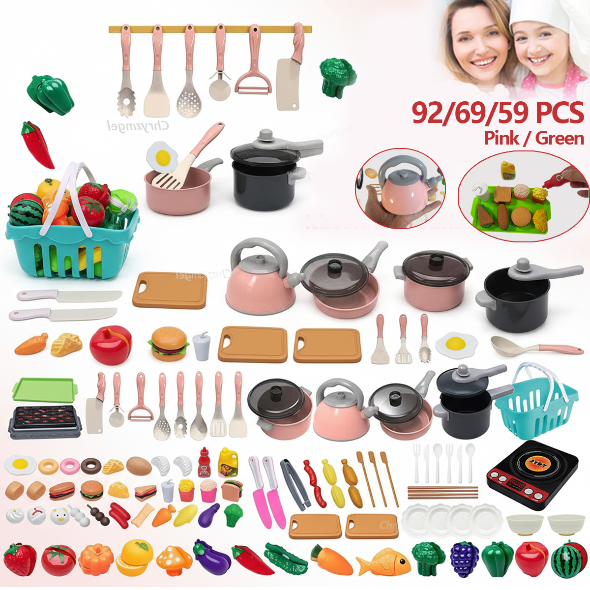 AliExpress Kids Play Kitchen Toys Set Mini 92/69/59 PCS Pretend Cooking Food with Pots Pans Utensils for Toddlers Girls Boys Children Gift
